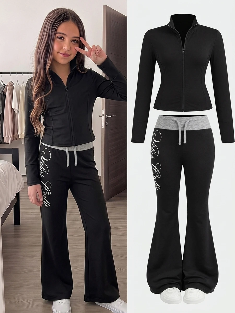 Barn- och tonårstjejens höst/vinter casual vardagsoutfit med stickad jacka med bokstavstryck i enfärgad svart, färgblockerad midja och utsvängda benbyxor, Back to School - Svart - Visa 1