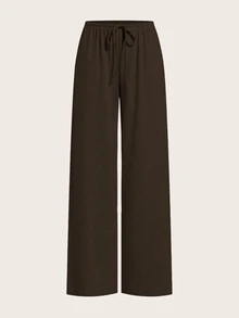 SHEIN EZwear 2色女款抽繩腰寬鬆休閒基礎寬腿居家舒適長褲，秋季女裝，巧克力棕、灰色 - 黑色 - 查看 8