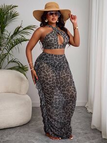 Slaydiva Plus Size Women's Summer Beach Leopard Print Halter Neck Tie Sexy Bikini And Triangle Bottom Two-Piece Swimsuit Set With Skirt - Multicolor - View 3