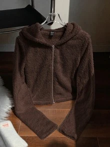 SHEIN EZwear 女款秋冬新款純色長袖短版休閒簡約連帽毛絨外套，居家日常穿著，白色，適合夜晚與假日 - 棕色 - 查看 4