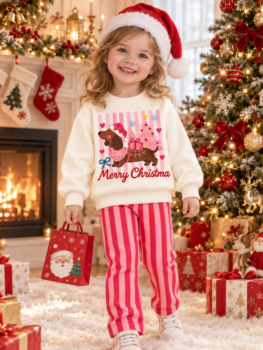 SHEIN Playful Pals 嬰兒/幼兒(女款)T恤套裝,身上印有可愛聖誕臘腸狗圖案,小狗戴著聖誕帽,搭配聖誕樹、愛心和雪花元素,下方印有紅色「Merry Christmas」文字,羅紋袖口,紅粉色垂直條紋長褲 - 彩色 - 查看 1