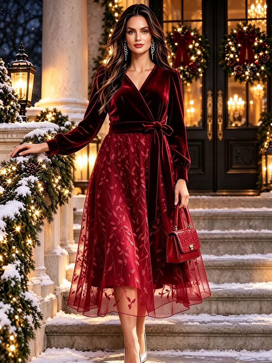 GlowEve CURVE Plus Size Lady's Elegant Korean Fleece Autumn Dress - Burgundy - View 1