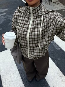 Muchica 秋冬新款休閒復古棕色格紋拉鍊連帽短夾克－適合日常外出、街頭穿搭、返校、秋季穿搭、街頭風格、休閒、深冬、萬聖節、派對、聖誕節、新年、感恩節、派對、婚禮、畢業典禮、優雅場合、外出、滑雪等 - 綠色 - 查看 8