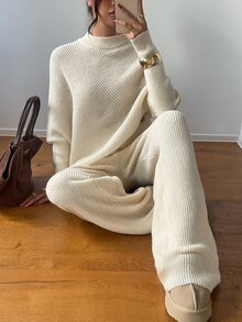 Aloruh Women's Elegant High Neck Asymmetrical Sweater 2 Pieces Set - Apricot - View 7