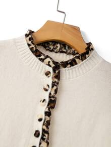 Penseblé Women's Spring/Summer New Single Piece Round Neck Leopard Print Lace Patchwork Fashionable Personalized Leopard Print Button Daily Versatile Fashionable Personalized Knit Pullover Long Sleeve Sweater - Beige - View 6
