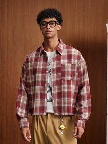 TOKVUE Men's Single-Breasted Plaid Long Sleeve Casual Shirt - Red - View 1