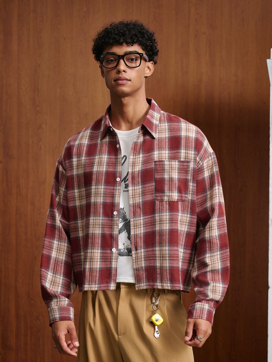 TOKVUE Men's Single-Breasted Plaid Long Sleeve Casual Shirt - Red - View 1
