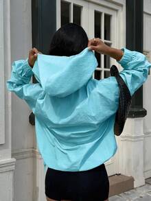 SHEIN EZwear 黑色連帽防風夾克，落肩設計，半透織紋布料，1/4拉鍊套頭式女款連帽衫，秋季女款連帽衫 - 水鴨藍 - 查看 2