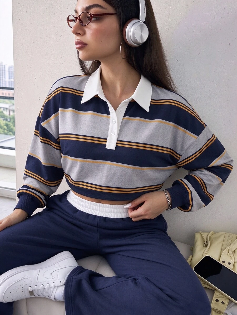 Slayform Women's Striped Drop Shoulder Long Sleeve Polo Collar Casual Sweatshirt - Multicolor - View 1