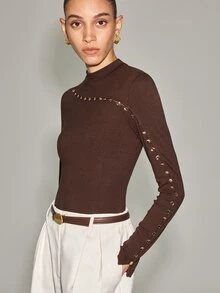 Anewsta Essential Autumn/Winter Premium Minimalist Diagonal Metal Button Crew Neck Knit Top - Apricot - View 2
