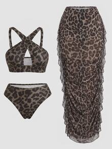 Slaydiva Plus Size Women's Summer Beach Leopard Print Halter Neck Tie Sexy Bikini And Triangle Bottom Two-Piece Swimsuit Set With Skirt - Multicolor - View 10
