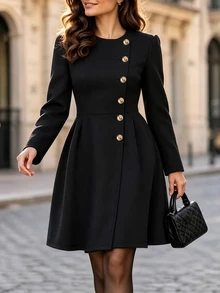 Balvessa Women's Autumn Long Sleeve Side Slit Elegant Fashion Commute Versatile Waist-Cinching Short Dress - Black - View 1