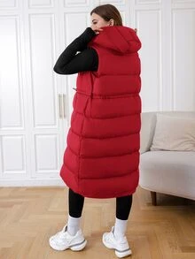 SHEIN EZwear Plus Size Long Hooded Winter Vest Coat Fall Autumn - Red - View 2