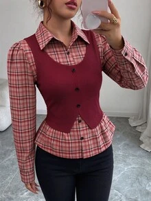 Elenzga 女款紅色格紋拼接羅紋布料翻領收腰顯瘦設計 2合1 高端優雅教師風服裝 日 Cyber Monday 萬聖節 單身派對 平安夜 聖誕節 感恩節 舒適秋季襯衫上衣 秋裝新款必備時尚單品 小眾設計 百搭風格 - 紅色 - 查看 3