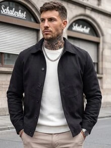 Manfinity CasualCool 男士休閒時尚復古長袖寬鬆拼接大衣，外出必備，適合送給家人與朋友的禮物 - 黑色 - 查看 3