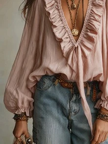 Omancia Vintage Casual V-Neck Double Layer Ruffle Tie Sleeve Pink Blouse - Pink - View 4