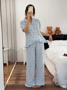 Napfluff Women's Short Sleeve Collared Cherry Plaid Ruffle Hem Long Pants Pajama Set - Blue - View 6