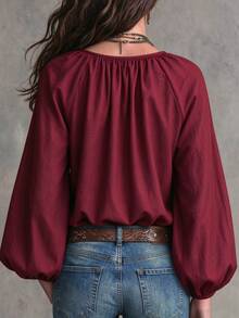 EMERY ROSE Women's Plus Size Holiday New Cross V-Neck Button Casual Top, Spring Summer Autumn Winter Outwear Workwear Teacher Uniform Street Style Burgundy Solid Color Blouse - Burgundy - View 2