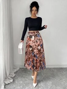 Elenzga 女款優雅波點印花拼接百褶裙 - 彩色 - 查看 4