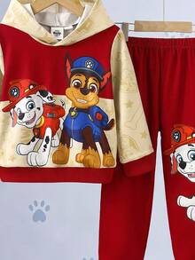 SHEIN | PAW Patrol 男童棕色米色拼接卡通狗字母印花連帽衫套裝 秋季休閒寬鬆長袖羅紋袖口返校穿搭 冬季 - 彩色 - 查看 6