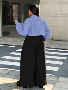 Maweii Plus Size Women's Solid Color Camisole Wide Leg Jumpsuit And Tie Shirt Casual 2 Pieces Set - Black - View 2