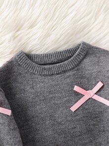 SHEIN Young Girl Solid Color Kids Knit Round Neck Bow Pattern Loose Casual Autumn Top And Fitted Flared Long Pants Sweater Set 2pcs - Grey - View 3