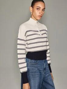 Anewsta Essential Women's New Autumn/Winter Long Sleeve Stand Collar Zipper Contrast Color Striped Knit Sweater - Apricot - View 5