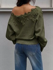 Siren Gaze Women's Off-The-Shoulder Knit Top With Lace Trim, - Army Green - View 2