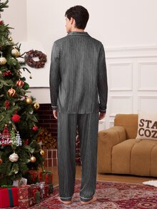 CoupledUp Classic Black & White Vertical Striped Men's Cardigan Pajama Set, Long Sleeve, Long Pants, Lapel Collar, Wearable Outdoors, 2 Pieces Home Set - Black and White - View 4
