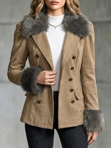 LUMIGAL Women's Plush Patchwork Double-Breasted Casual Elegant Versatile Long Sleeve Jacket Office Dinner Light Grey - Camel - View 4