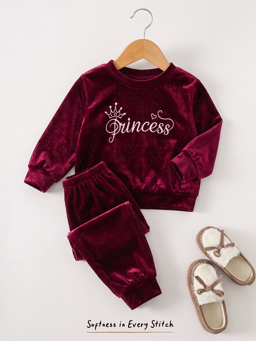 Cozy Pixies 女嬰字母皇冠刺繡天鵝絨圓領長袖套頭衛衣與鬆緊腰長褲 2件/套 幼兒女童服飾,舒適百搭時尚日常可愛休閒極簡百搭風,秋冬,適合室內 - 紅色 - 查看 1