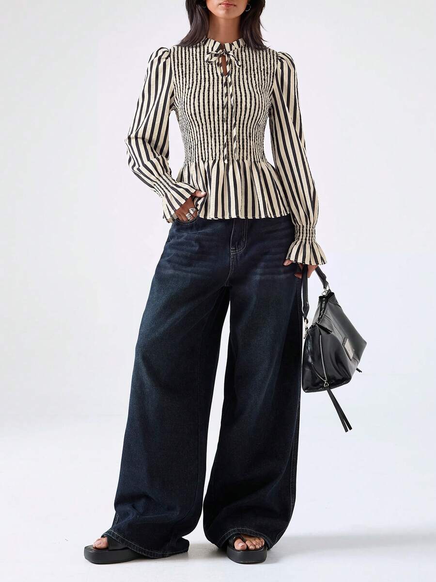 LYSMO Women's Striped Pleated Casual Versatile Daily Wear Shirt - Multicolor - View 1