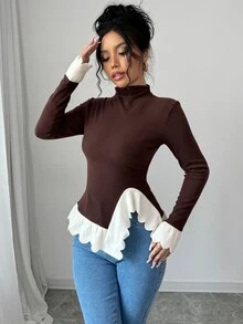 Elenzga 女款對比飾邊不對稱下擺高領T恤，秋冬女裝，聖誕 - 彩色 - 查看 5