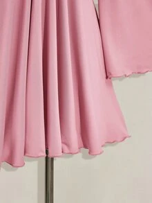 SHEIN ICON 女款大尺碼秋冬保暖性感簡約優雅胸部抓褶繫帶喇叭袖V領修身下擺寬鬆黑色針織迷你洋裝 - 粉色 - 查看 6