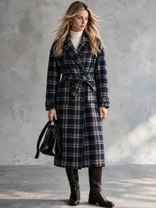Trelyra European And American Style Autumn/Winter New Fashion Versatile Plaid Decor Lapel Loose Tie Elegant Commute Design Overcoat - Multicolor - View 6