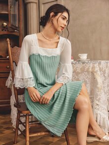 Côtesoire Women's Lace Patchwork Casual Daily Home Sleep Dress - Cadet Blue - View 4