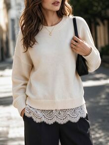 Editum Women's Lace Patchwork Casual Everyday Long Sleeve Sweater - Apricot - View 5