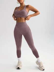 Easithlete Easithlete 女款純色短版上衣與高腰長褲休閒運動套裝，保守運動風日常健身運動套裝，藕紫色，秋季 - 酒紅色 - 查看 4