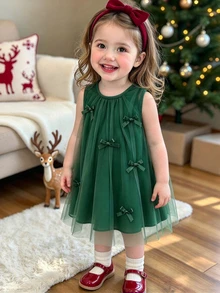 SHEIN Vintaside Kids 女嬰甜美夢幻粉色網紗洋裝，飾有可愛3D蝴蝶結裝飾，適合外出、度假與拍照拍攝 - 綠色 - 查看 8