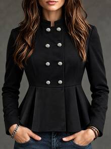 GlowEve CURVE Plus Size French Style Gold Button Cinched Waist Ruffle Hem Jacket Winter Outfit Fall - Black - View 6