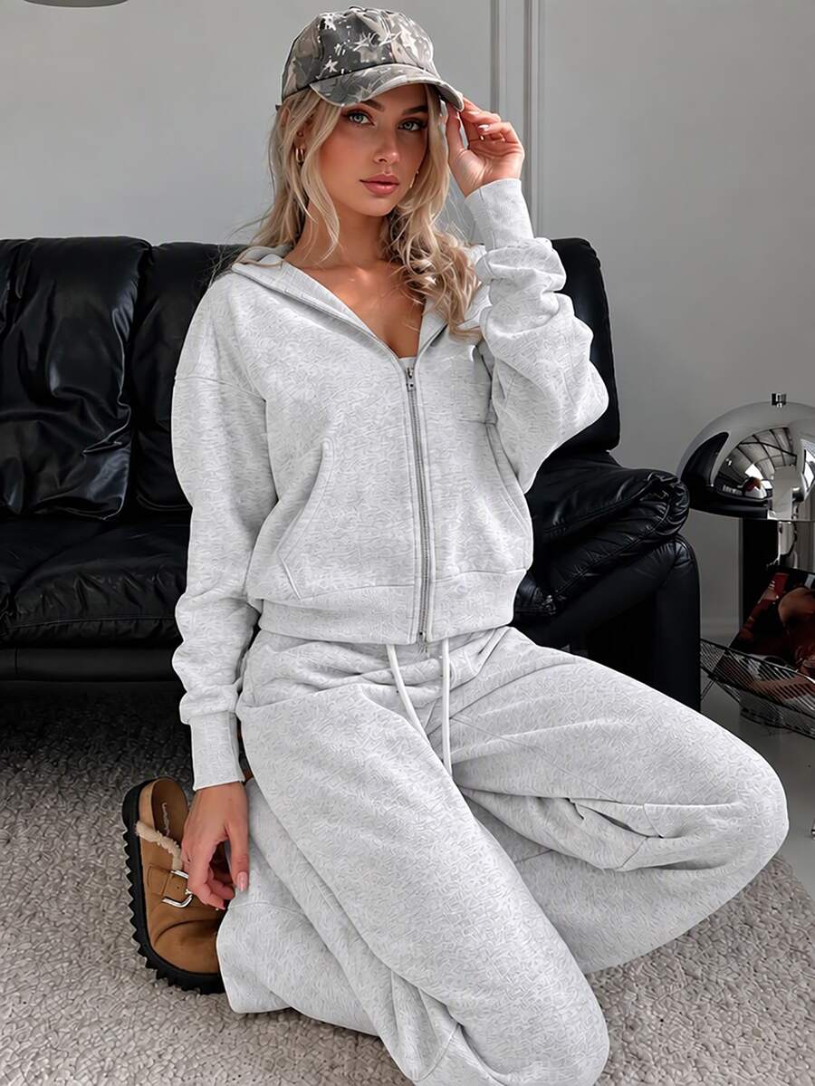 Dewbera Dewbera Front White Grey Two Pieces Sports Suit, Loose Shoulder Zipper Hooded Jacket, Wide Leg Sweatpants, Drawstring Waistband Pocket Casual Yoga Suit Set - Light Grey - View 1