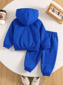 SHEIN 2件組嬰兒男孩女孩抓絨內裡磨毛加厚連帽小馬動物印花休閒運動基礎款長褲外套套裝，適合冬季 - 寶藍色 - 查看 2