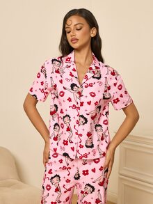 Betty Boop x SHEIN طقم بيجامة نسائي بأكمام قصيرة وقميص أحادي الصدر وبنطلون طويل ملابس شتوية - وردي - مشاهدة 5
