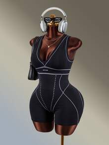 Amplova Women's Plus Size Black With White Line Sports Jumpsuit - Black - View 4