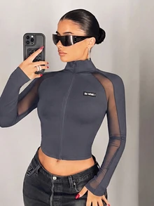 SHEIN ICON 網格拼接小立領前拉鍊修身長袖T恤 - 深灰色 - 查看 3