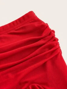 SHEIN ICON 女款百褶拼接層次不對稱下擺中長低腰裙 - 紅色 - 查看 3