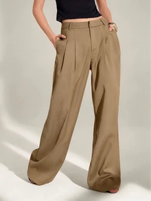 SHEIN Tall Old Money 風格女款高腰百褶寬腿褲，黑色冬季端莊商務休閒辦公穿搭，優雅純色寬鬆修身西裝長褲，適合高個女性 - 駝色 - 查看 4