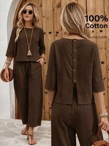 EMERY ROSE Women's Vacation Casual Solid Color Shirt And Pants 2 Pieces Set Vacation White Autumn - Brown - View 1