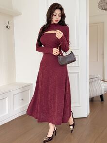 Feyla Women's Solid Color Cutout Design Front Tie Elegant Midi Dress - Burgundy - View 3
