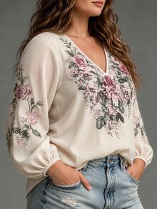 Linhara CURVE Plus Size Intricate Multicolor Floral V-Neck Long Sleeve Loose Blouse, Casual Elegant Shirt For Outings, Dates, Gatherings And Parties Fall - Apricot - View 4